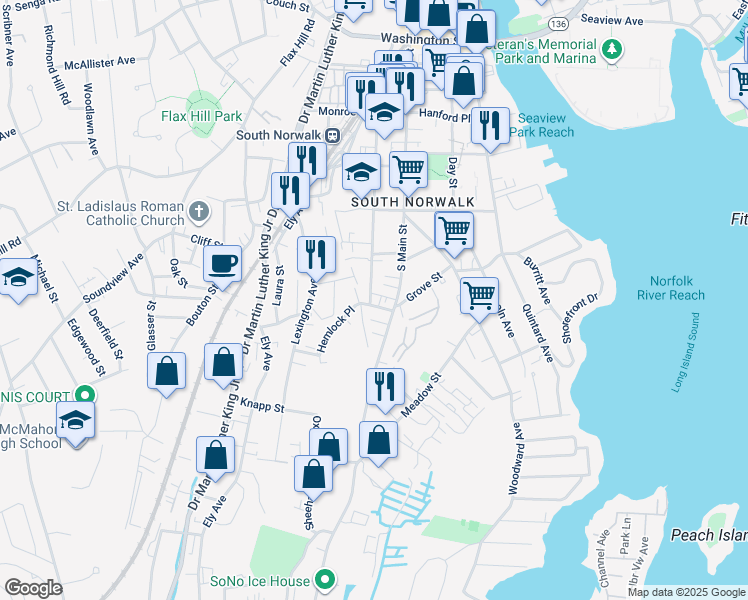 map of restaurants, bars, coffee shops, grocery stores, and more near 72 Chestnut Street in Norwalk