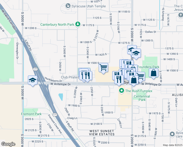map of restaurants, bars, coffee shops, grocery stores, and more near 2362 West 1620 South in Syracuse