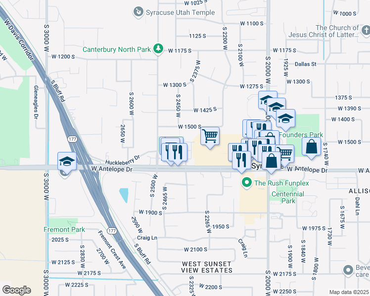map of restaurants, bars, coffee shops, grocery stores, and more near 2362 West 1620 South in Syracuse