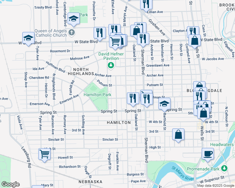 map of restaurants, bars, coffee shops, grocery stores, and more near 1716 Franklin Avenue in Fort Wayne