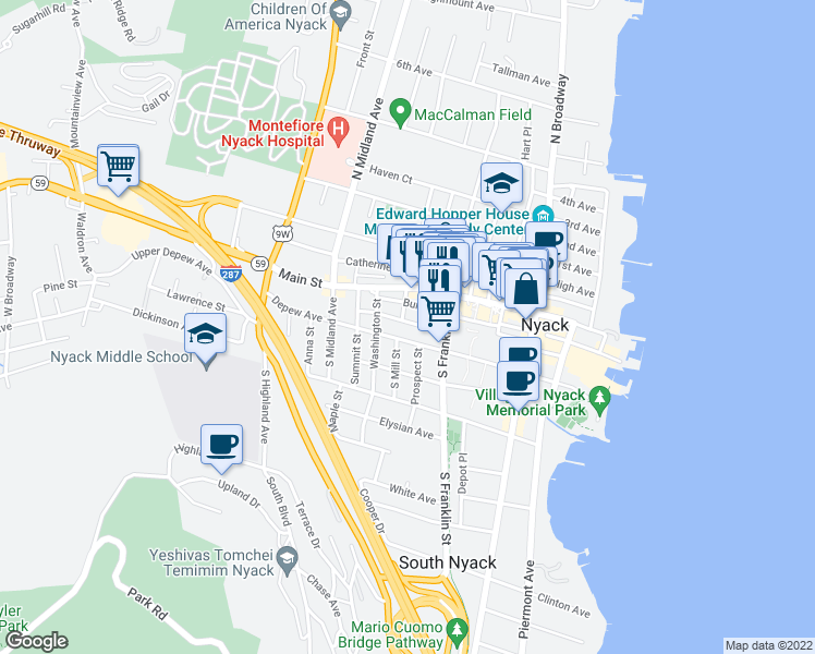 map of restaurants, bars, coffee shops, grocery stores, and more near 150 Burd Street in Nyack