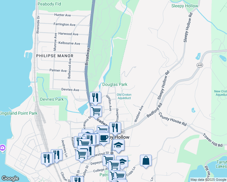 map of restaurants, bars, coffee shops, grocery stores, and more near 139 New Broadway in Tarrytown
