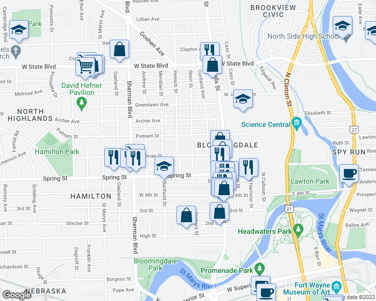 map of restaurants, bars, coffee shops, grocery stores, and more near 609 Putnam St in Fort Wayne