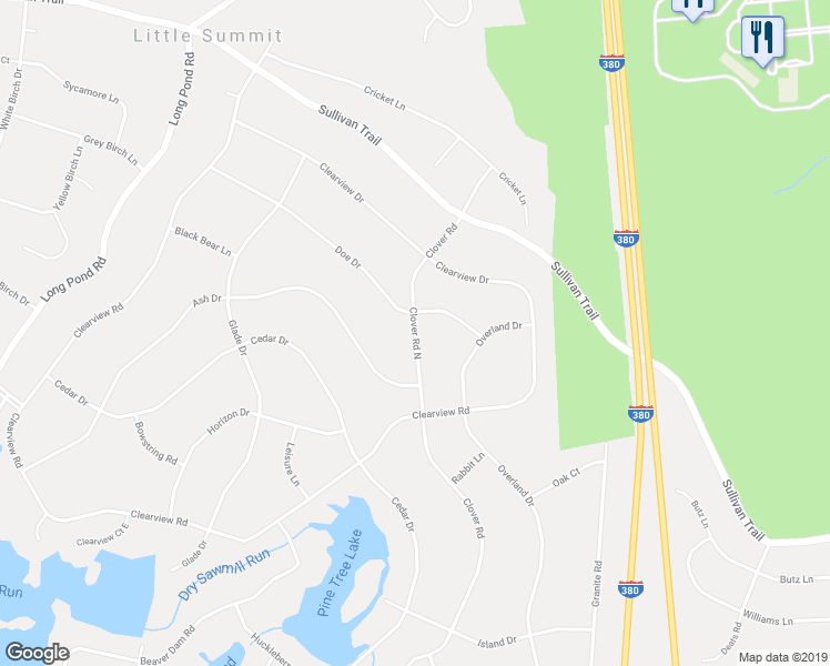 map of restaurants, bars, coffee shops, grocery stores, and more near 5369 Clover Road North in Long Pond