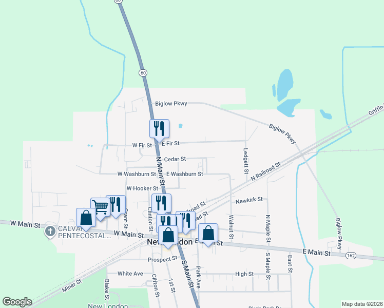 map of restaurants, bars, coffee shops, grocery stores, and more near 40 East Fir Street in New London