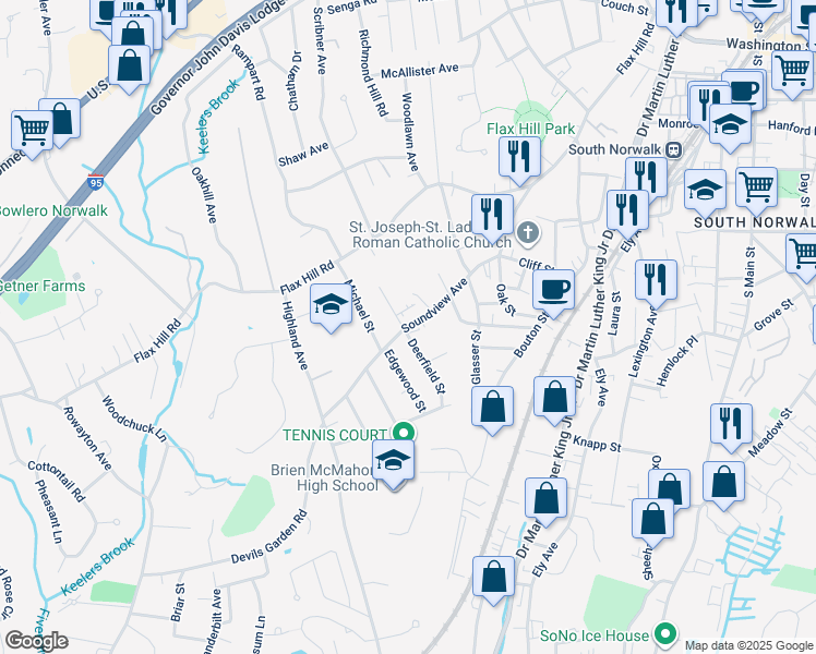 map of restaurants, bars, coffee shops, grocery stores, and more near 2 Hadik Parkway in Norwalk