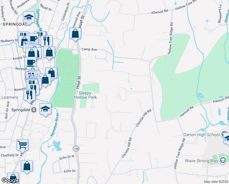 map of restaurants, bars, coffee shops, grocery stores, and more near 12 Nolen Lane in Darien