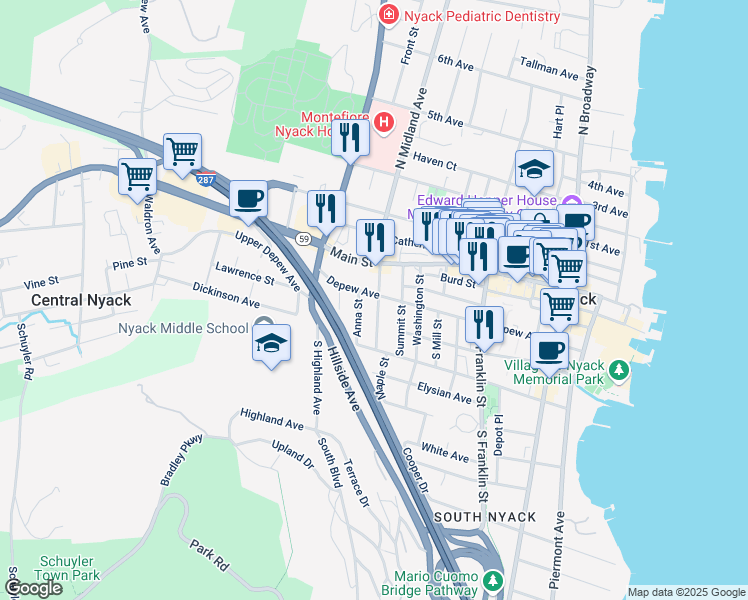 map of restaurants, bars, coffee shops, grocery stores, and more near 19 South Midland Avenue in Nyack