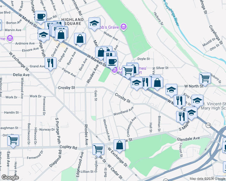 map of restaurants, bars, coffee shops, grocery stores, and more near 45 South Balch Street in Akron