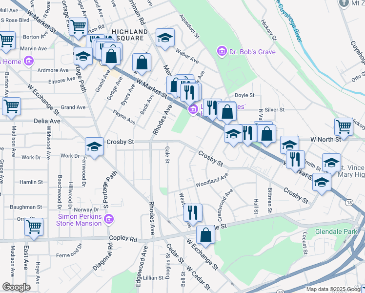 map of restaurants, bars, coffee shops, grocery stores, and more near 529 Crosby Street in Akron