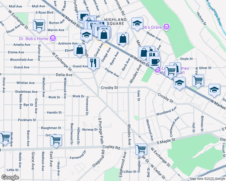 map of restaurants, bars, coffee shops, grocery stores, and more near 697 Crosby Street in Akron