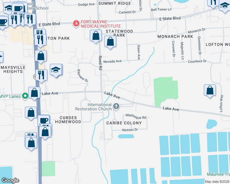 map of restaurants, bars, coffee shops, grocery stores, and more near 4912 Vermont Lane in Fort Wayne