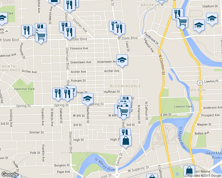 map of restaurants, bars, coffee shops, grocery stores, and more near 1705 Cortland Avenue in Fort Wayne