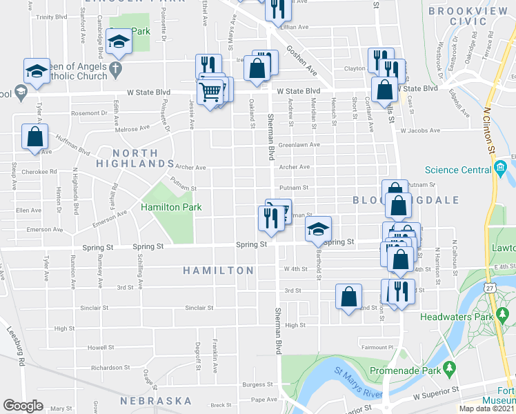 map of restaurants, bars, coffee shops, grocery stores, and more near 1721 Oakland Street in Fort Wayne