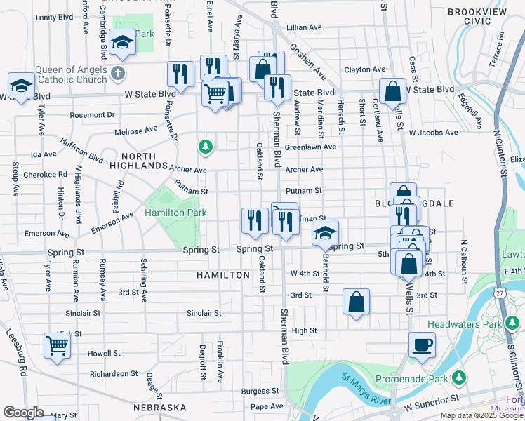 map of restaurants, bars, coffee shops, grocery stores, and more near 1721 Oakland Street in Fort Wayne