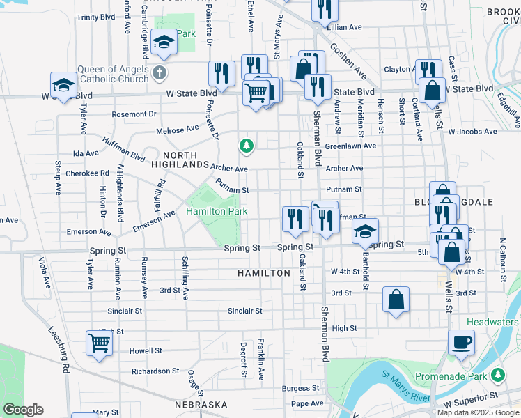 map of restaurants, bars, coffee shops, grocery stores, and more near 1729 Saint Marys Avenue in Fort Wayne