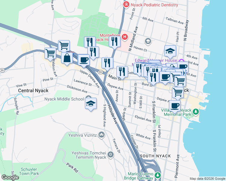 map of restaurants, bars, coffee shops, grocery stores, and more near 1 Crosby Street in Nyack