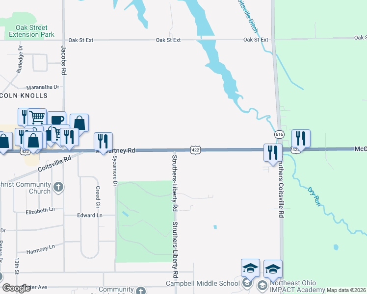 map of restaurants, bars, coffee shops, grocery stores, and more near 3322 McCartney Road in Youngstown