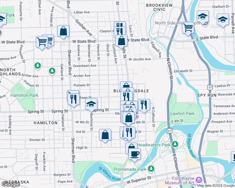 map of restaurants, bars, coffee shops, grocery stores, and more near 1705 Cortland Avenue in Fort Wayne