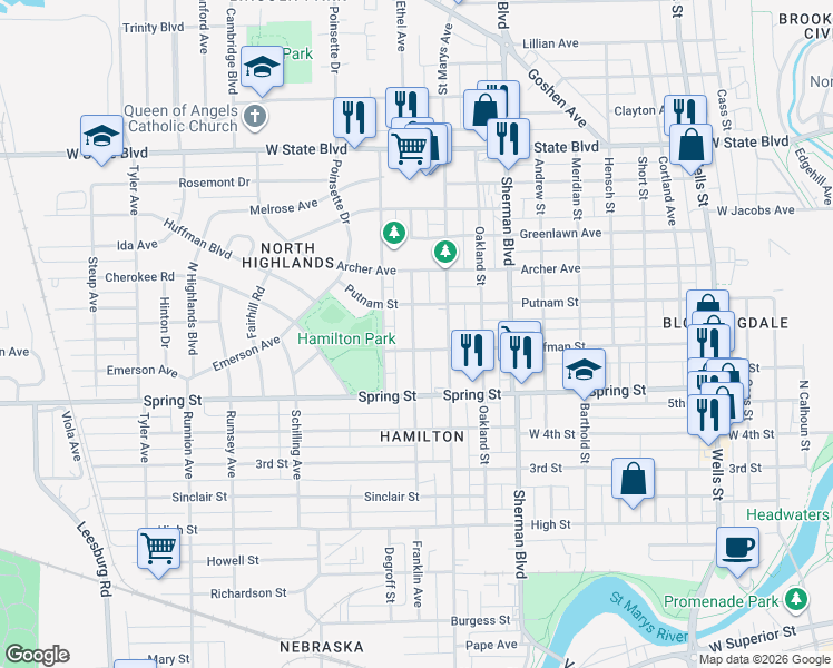 map of restaurants, bars, coffee shops, grocery stores, and more near 1729 Saint Marys Avenue in Fort Wayne
