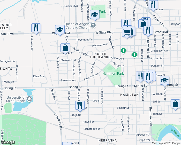 map of restaurants, bars, coffee shops, grocery stores, and more near 1701 Fairhill Road in Fort Wayne