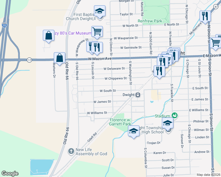 map of restaurants, bars, coffee shops, grocery stores, and more near 308 West South Street in Dwight
