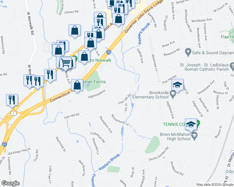 map of restaurants, bars, coffee shops, grocery stores, and more near 10 Brookside Court in Norwalk