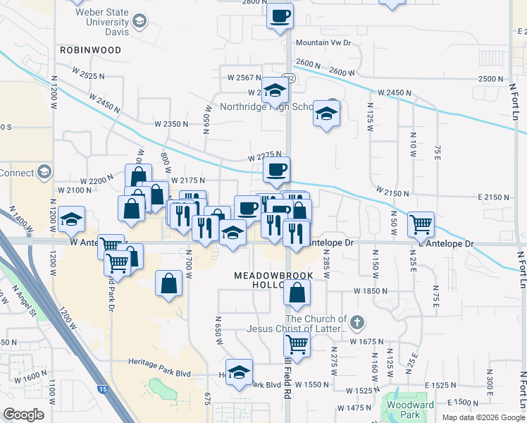 map of restaurants, bars, coffee shops, grocery stores, and more near 2111 North Hill Field Road in Layton