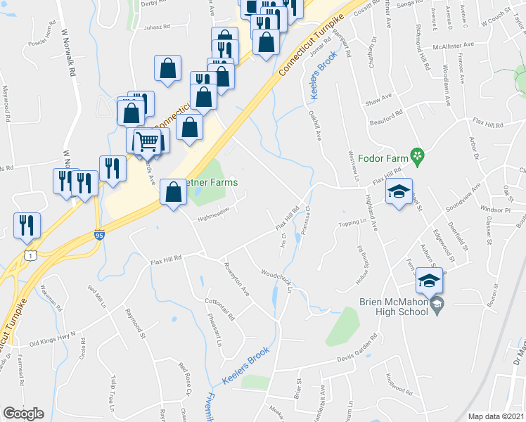 map of restaurants, bars, coffee shops, grocery stores, and more near 10 Brookside Court in Norwalk