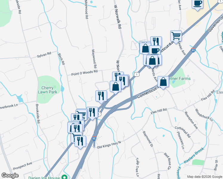 map of restaurants, bars, coffee shops, grocery stores, and more near 29 Richmond Drive in Darien