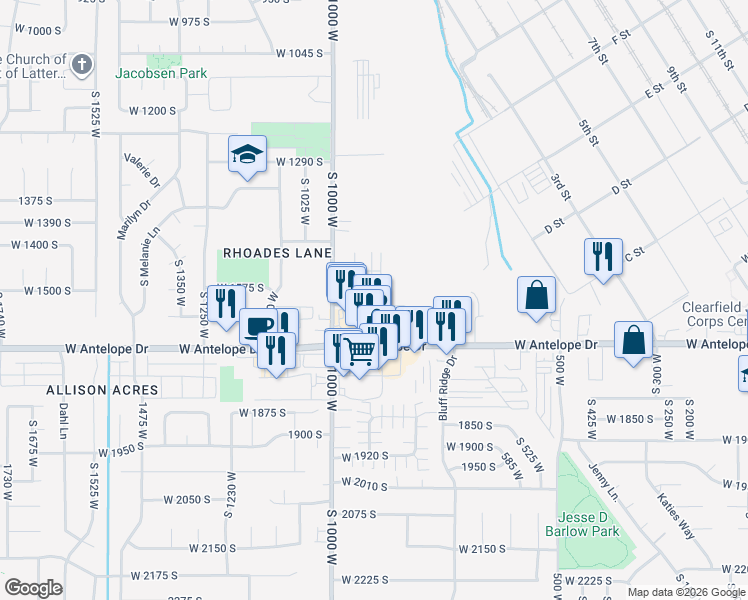 map of restaurants, bars, coffee shops, grocery stores, and more near 914 West 1600 South in Clearfield