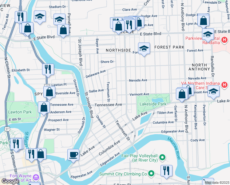 map of restaurants, bars, coffee shops, grocery stores, and more near 1601 Kentucky Avenue in Fort Wayne