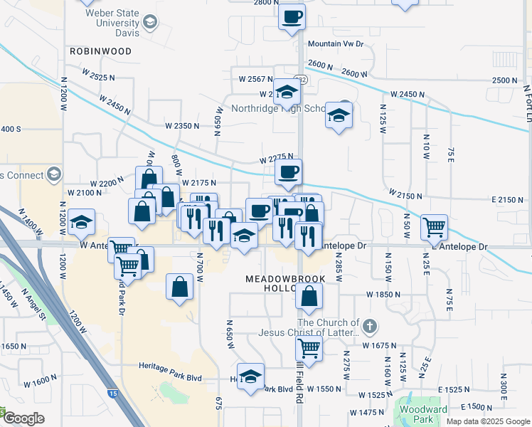 map of restaurants, bars, coffee shops, grocery stores, and more near 2111 North Hill Field Road in Layton