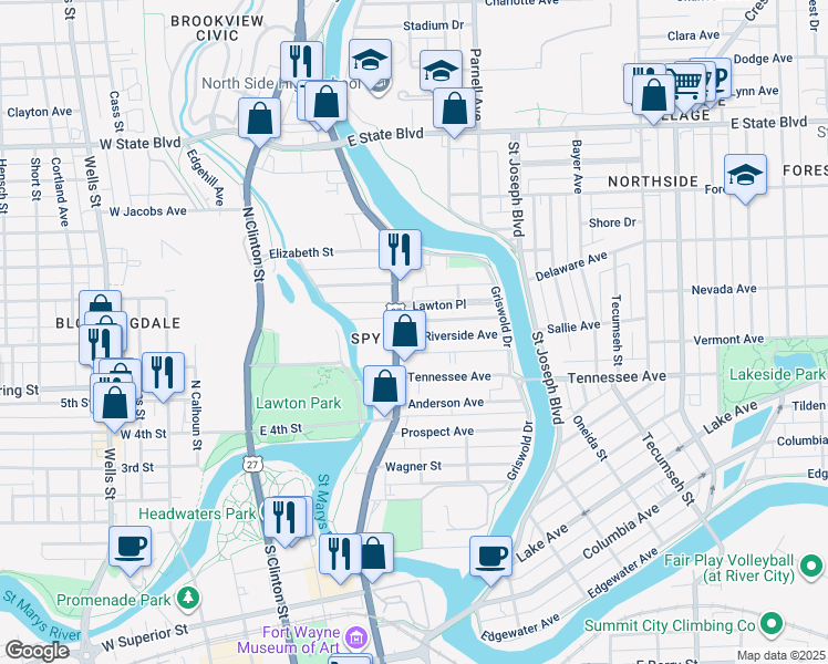 map of restaurants, bars, coffee shops, grocery stores, and more near 515 Riverside Avenue in Fort Wayne