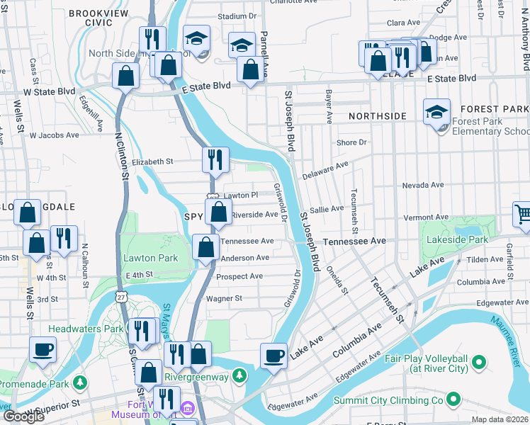 map of restaurants, bars, coffee shops, grocery stores, and more near 723 Riverside Avenue in Fort Wayne