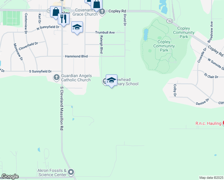 map of restaurants, bars, coffee shops, grocery stores, and more near 1600 Raleigh Boulevard in Akron