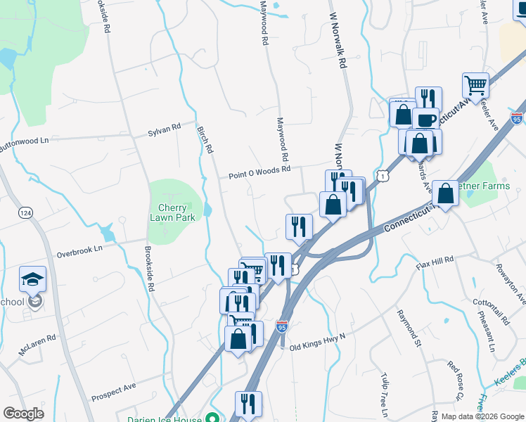map of restaurants, bars, coffee shops, grocery stores, and more near 10 Point O Woods Road South in Darien