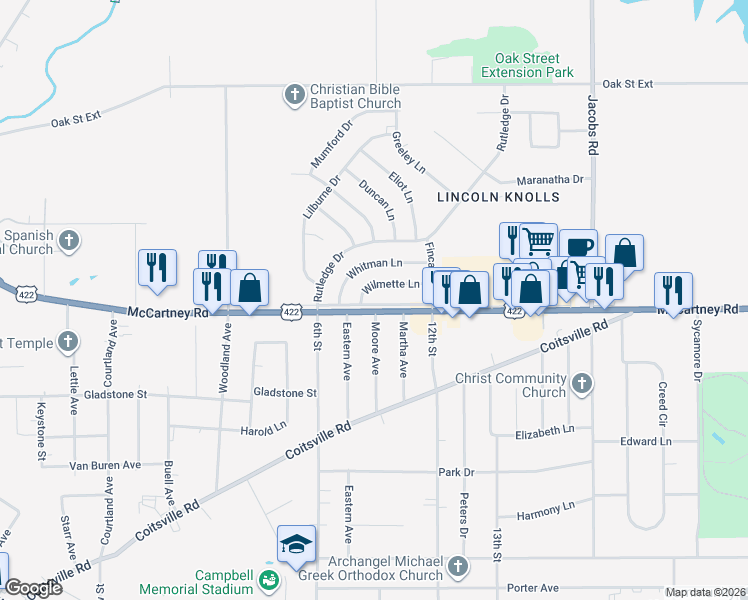 map of restaurants, bars, coffee shops, grocery stores, and more near 33 Wilmette Lane in Youngstown