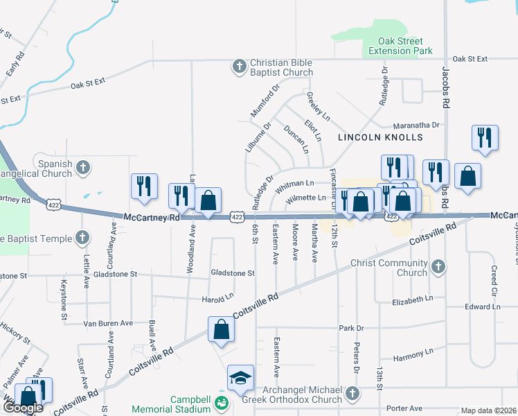 map of restaurants, bars, coffee shops, grocery stores, and more near 26 Whitman Lane in Youngstown