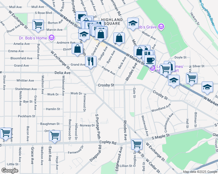 map of restaurants, bars, coffee shops, grocery stores, and more near 697 Crosby Street in Akron