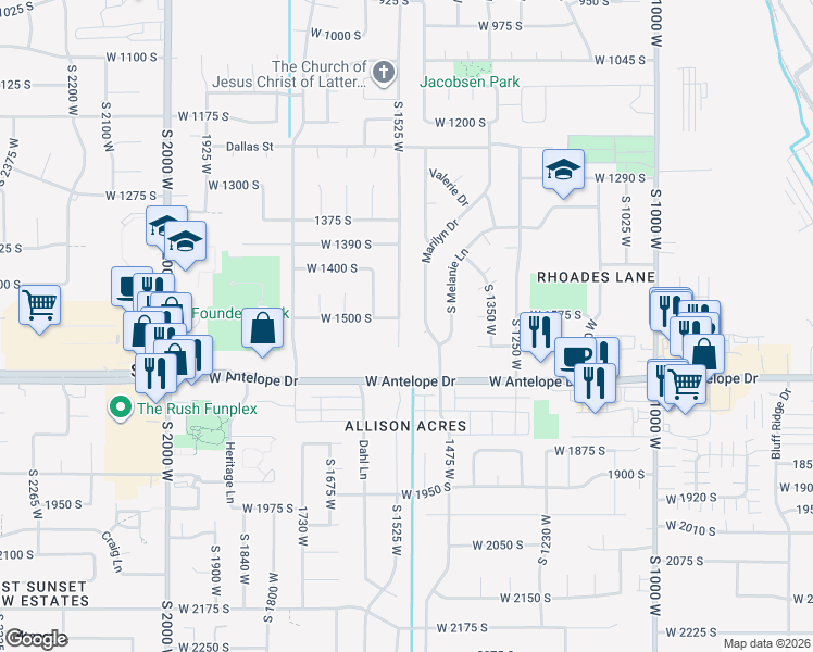map of restaurants, bars, coffee shops, grocery stores, and more near 1521 South 1525 West in Syracuse