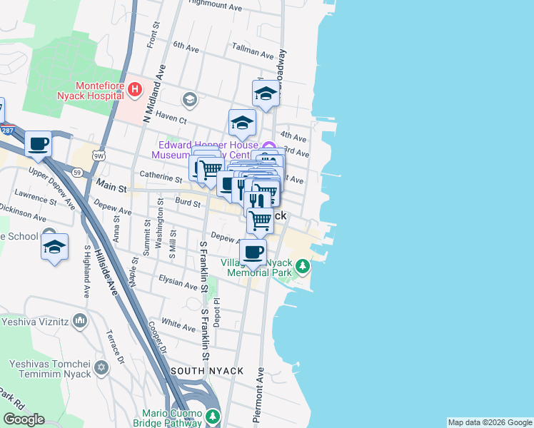 map of restaurants, bars, coffee shops, grocery stores, and more near in Nyack