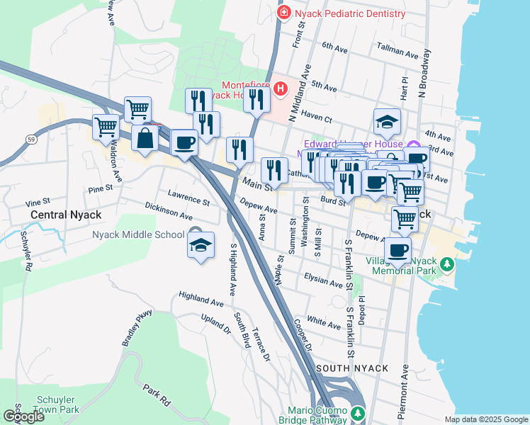 map of restaurants, bars, coffee shops, grocery stores, and more near 220 Depew Avenue in Nyack