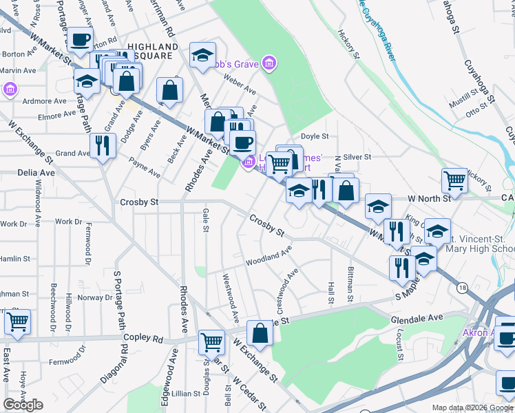 map of restaurants, bars, coffee shops, grocery stores, and more near 45 South Balch Street in Akron