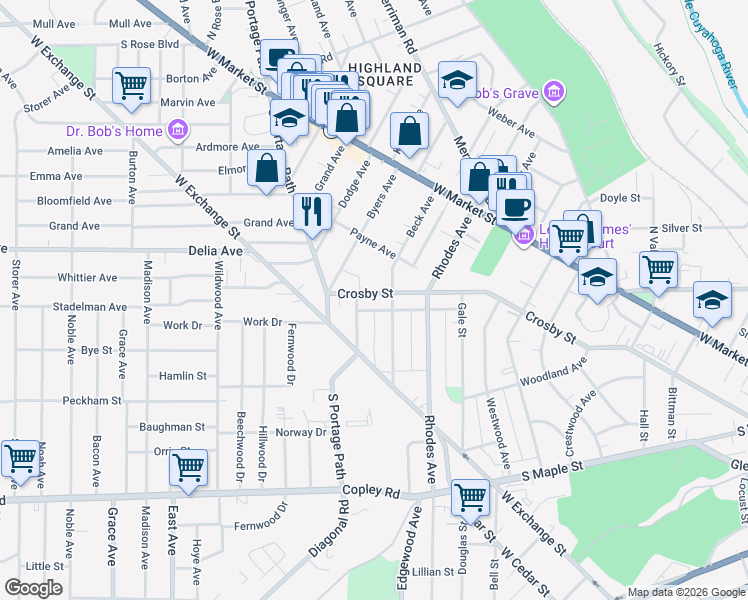 map of restaurants, bars, coffee shops, grocery stores, and more near 697 Crosby Street in Akron