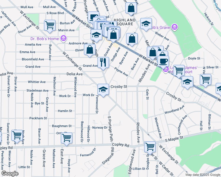 map of restaurants, bars, coffee shops, grocery stores, and more near 240 South Portage Path in Akron