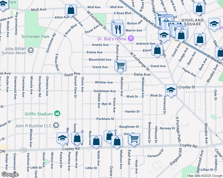 map of restaurants, bars, coffee shops, grocery stores, and more near 980 Whittier Avenue in Akron