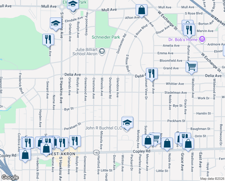 map of restaurants, bars, coffee shops, grocery stores, and more near 478 Dorchester Road in Akron