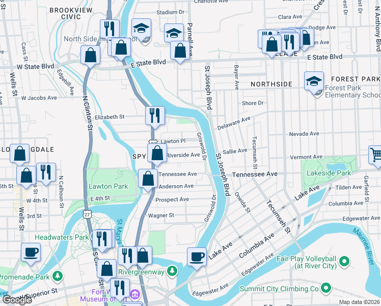 map of restaurants, bars, coffee shops, grocery stores, and more near 723 Riverside Avenue in Fort Wayne