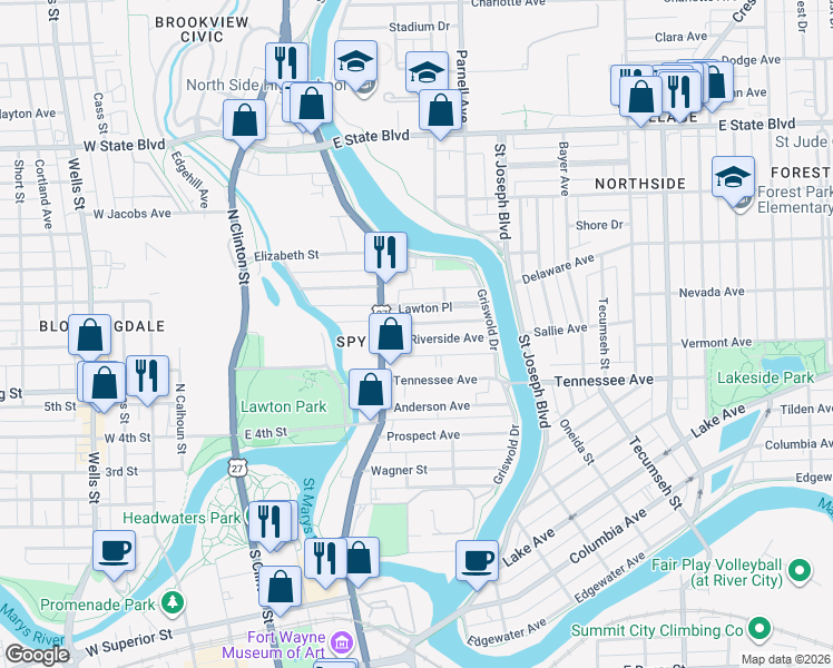 map of restaurants, bars, coffee shops, grocery stores, and more near 629 Riverside Avenue in Fort Wayne
